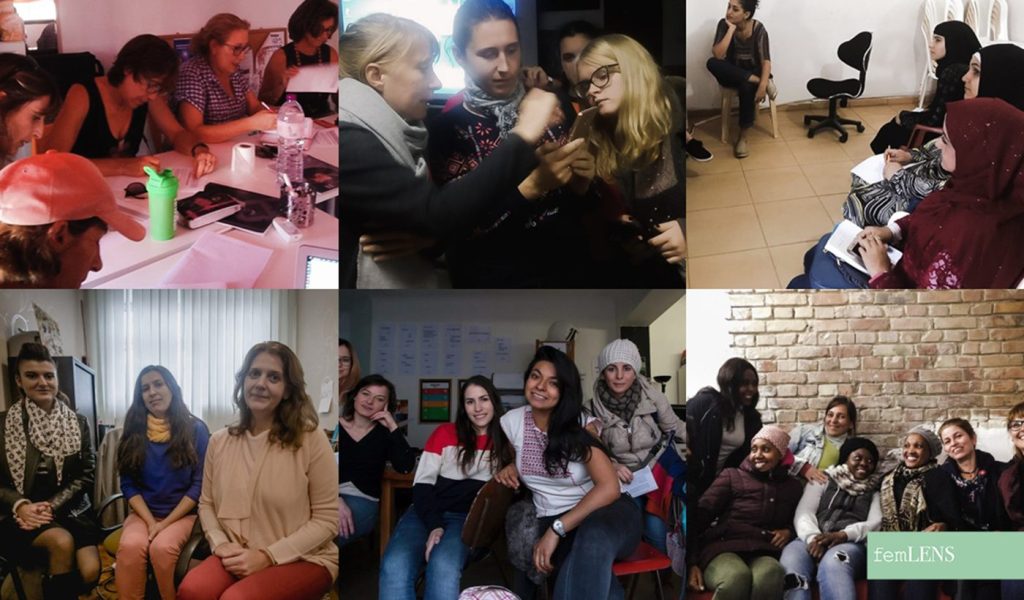 Various images showing women taking part in femLENS workshops