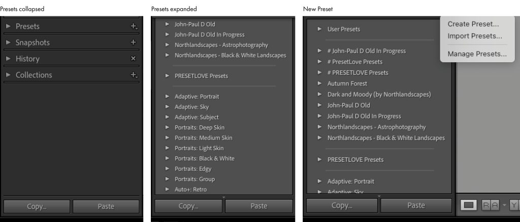 View of Adobe Lightroom menus showing presets collapsed, presets expanded, and new preset