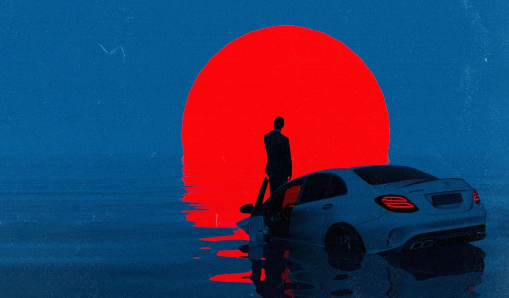Surrealist photography with a car and person floating in an ocean with a red sun