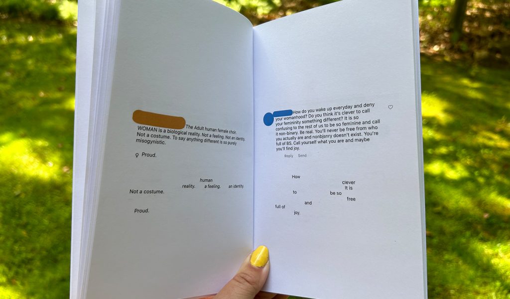 Erasure Poetry book opened up showing two poems, one on each page