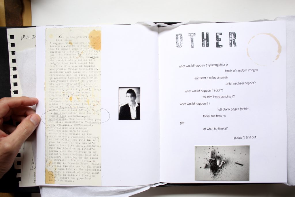 Open book with photos, handwritten notes, and typed text, part of Dan Milnor's collaborative project with artist Michael Napper