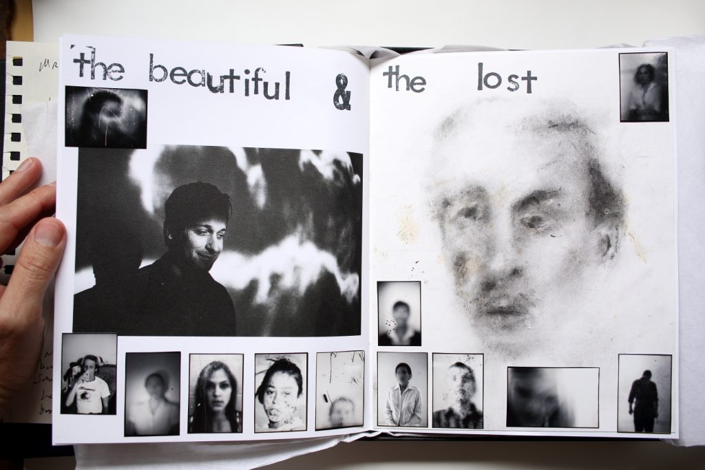 Interior view of the collaborative book 'What Michael Thinks', showing Napper's mixed-media artwork and Milnor's photography