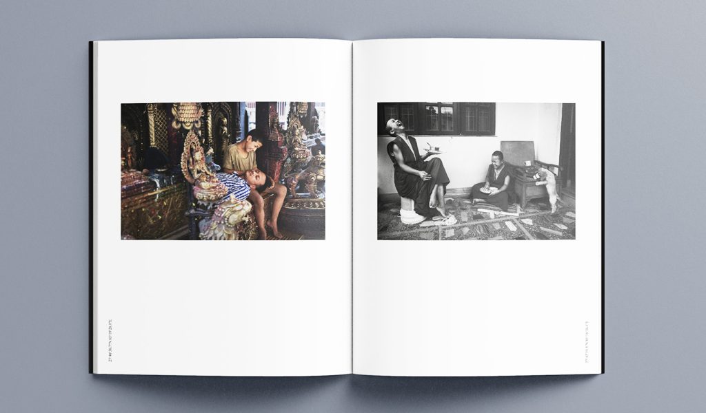 A spread from the photobook East to West showing someone lying in another person's lap alongside a photograph of two people laughing.